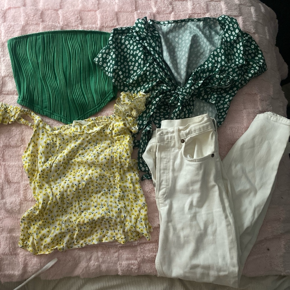 Green and Yellow Tops with White Pants Set